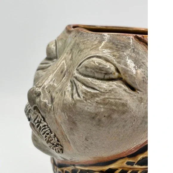 Unique Ceramic Face Planter vase signed Mustache Monk Knight Robe Textured Glaze